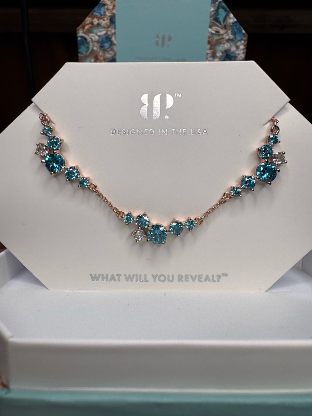 Designed in the USA Teal Crystal Necklace - Rose Gold